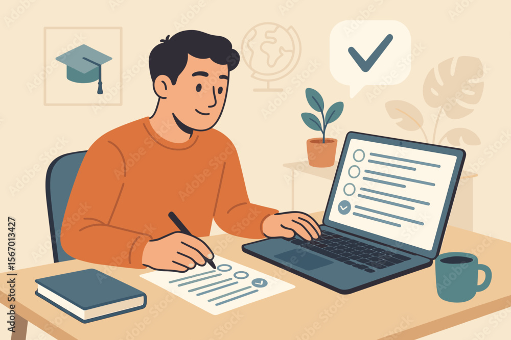 Online exam concept, remote education assessment, digital questionnaire, student taking test on laptop, e-learning evaluation, distance learning, modern flat vector illustration, home study workspace Online exam concept, remote education assessment, digital questionnaire, student taking test on laptop, e-learning evaluation, distance learning, modern flat vector illustration, home study workspace