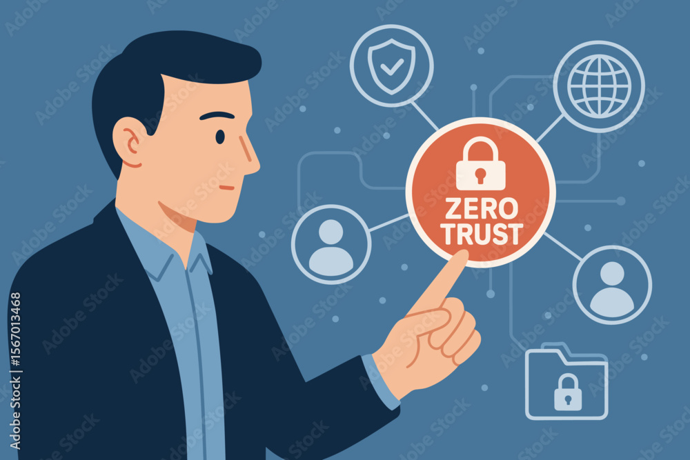 Businessman Activating Zero Trust Security Concept, Cybersecurity Network Protection, Data Privacy, Access Control, Secure Connections, Modern Flat Vector Illustration, Digital Safety Businessman Activating Zero Trust Security Concept, Cybersecurity Network Protection, Data Privacy, Access Control, Secure Connections, Modern Flat Vector Illustration, Digital Safety