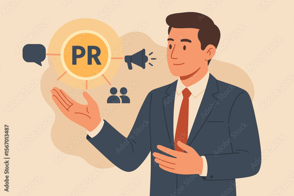 Public Relations PR Concept Businessman Communication Advertising Marketing Strategy Corporate Promotion Media Management Brand Awareness Flat Vector Illustration Public Relations PR Concept Businessman Communication Advertising Marketing Strategy Corporate Promotion Media Management Brand Awareness Flat Vector Illustration
