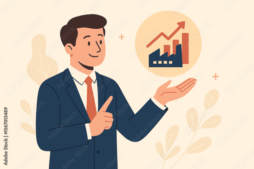 Businessman Presenting Productivity Growth Concept. Industrial Management Efficiency, Manufacturing Process Improvement, Factory Success, Rising Graph, Modern Corporate Illustration Businessman Presenting Productivity Growth Concept. Industrial Management Efficiency, Manufacturing Process Improvement, Factory Success, Rising Graph, Modern Corporate Illustration