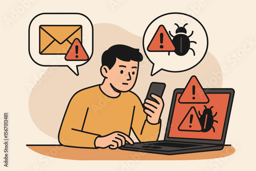 Cybersecurity warning concept. Person using smartphone and laptop receives spam email, virus, malware alert notifications. Internet security, phishing, hacking, data protection vector illustration