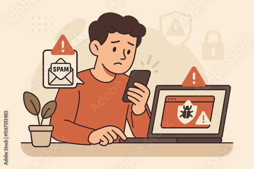 Worried man using smartphone and laptop receives spam email virus warning, internet security alert, malware notification, cyber attack risk, antivirus protection, digital safety concept illustration
