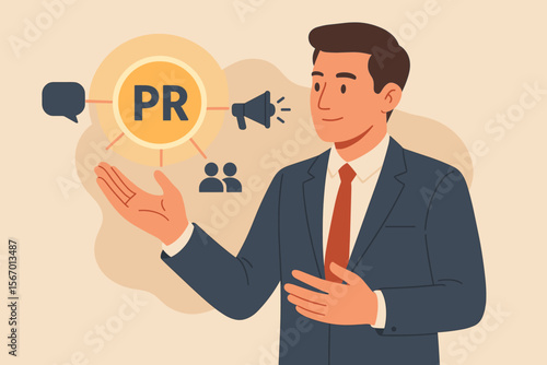 Public Relations PR Concept Businessman Communication Advertising Marketing Strategy Corporate Promotion Media Management Brand Awareness Flat Vector Illustration