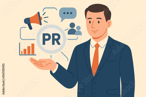 Public Relations PR Concept Illustration. Businessman in Suit Holding PR Icon with Communication, Marketing, Advertising, Social Media, Networking, Analytics Elements. Flat Vector Cartoon