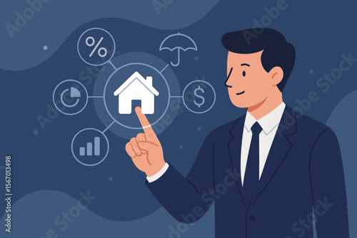 Real estate investment analysis concept. Businessman touching virtual house icon for mortgage loan, property insurance, interest rate, financial planning, housing market, investment strategy