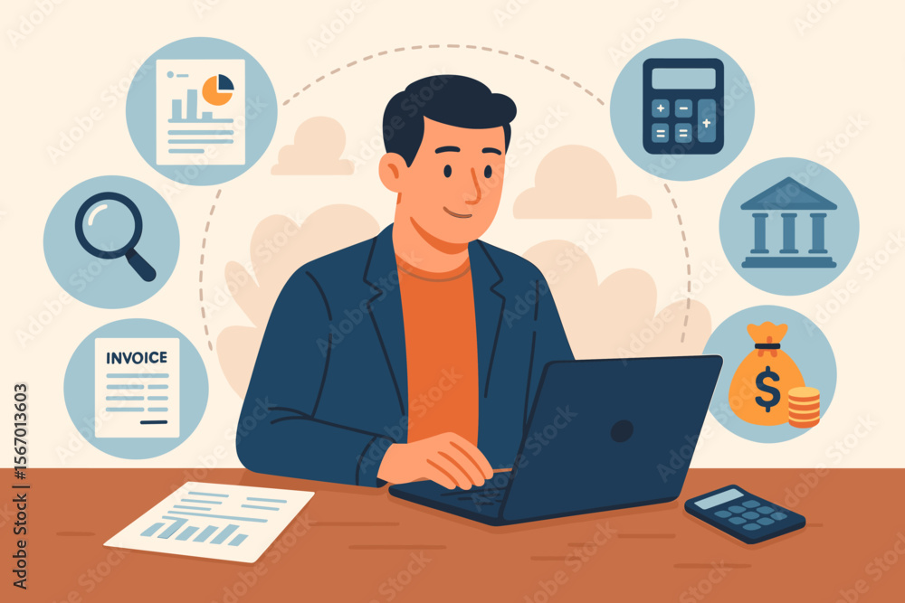 Accounting concept with male accountant working on laptop. Financial statement analysis, business audit, tax calculation, and budget planning. Banking, bookkeeping, and invoice management. Accounting concept with male accountant working on laptop. Financial statement analysis, business audit, tax calculation, and budget planning. Banking, bookkeeping, and invoice management.