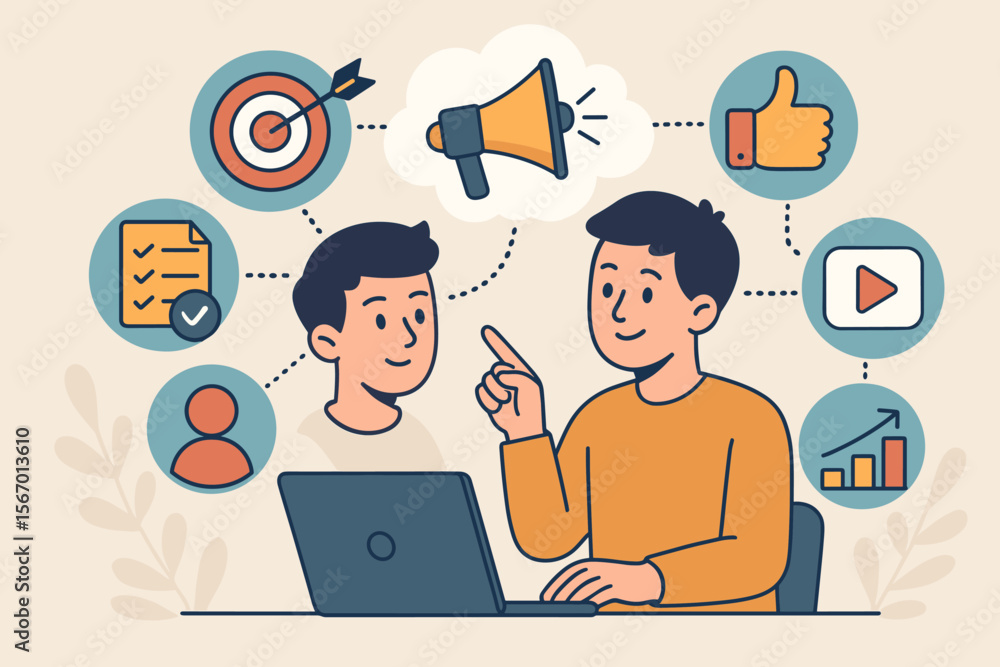 Digital marketing strategy vector illustration. Marketer at laptop plans advertising campaign and PR. Concept of targeting audience, social media promotion, sales growth, and analysis. Digital marketing strategy vector illustration. Marketer at laptop plans advertising campaign and PR. Concept of targeting audience, social media promotion, sales growth, and analysis.