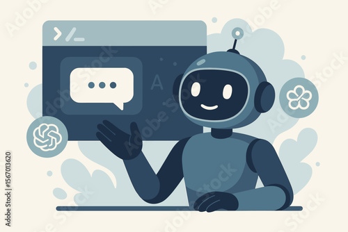 Generative AI and artificial intelligence concept. A friendly robot chatbot and intelligent agent using a command prompt interface. Modern cartoon vector illustration of machine learning.