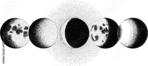 Vintage hand-drawn set of moon phases with orbit path and telescope design for posters