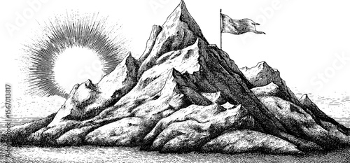Majestic mountain peak with flag and sunrise in vintage style for retro design