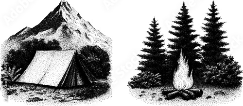 Vintage camping scene with mountain, tent, and campfire in dotwork style