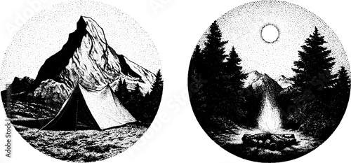 Tranquil mountain camping scene with tent and campfire dotwork illustration