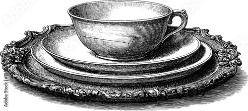 Elegant tea cup, saucer, plate, and needlepoint frame stack - vintage engraving design