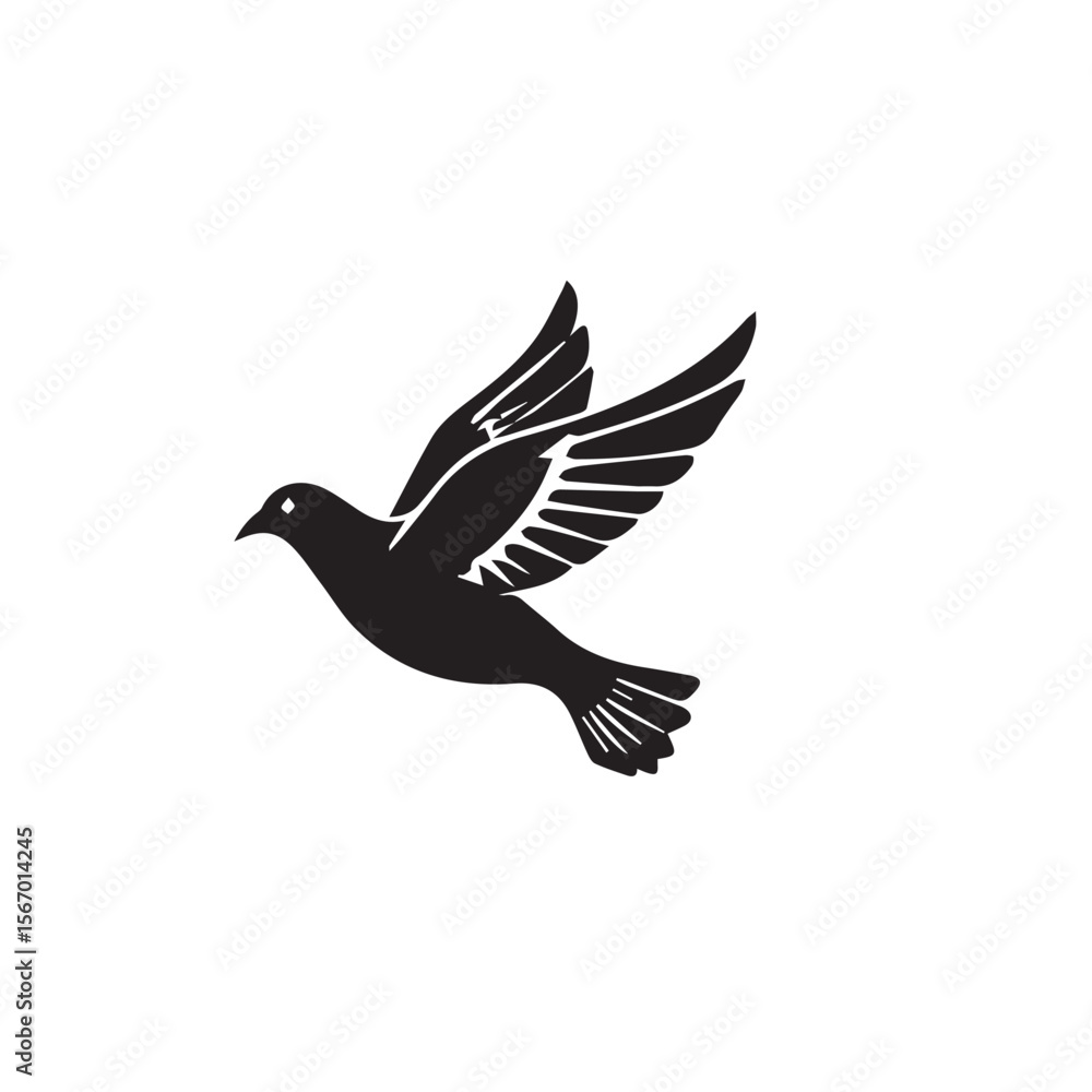 Obraz premium Stylized black silhouette of a dove in flight with wings spread wide