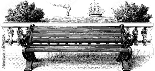 Vintage oceanfront promenade bench with chrome railing and nautical view illustration