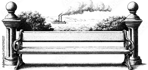 Vintage oceanfront promenade with bench and chrome railings - hand drawn illustration for retro design