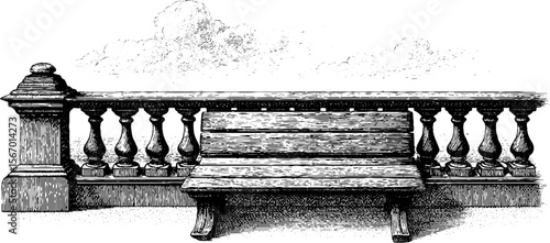 Vintage oceanfront promenade with bench and chrome railing sketch for retro design