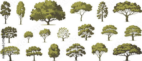 Extensive collection of diverse green trees in various shapes and sizes, perfect for architectural landscape designs, environmental illustrations, and natural parkland scenery elements.