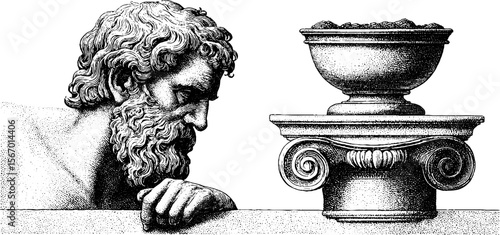 Vintage illustration of a pensive old man with a column and bowl of ashen symbolism