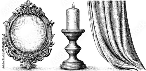 Vintage mirror and candle stub with soft curtain in classic hand drawn engraving style