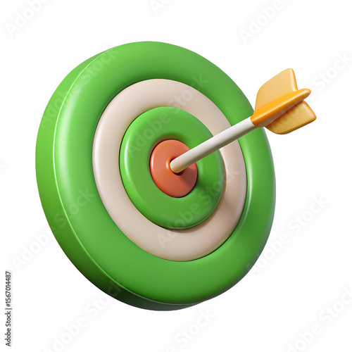 3D rendering of a green target with an arrow in the cente isolated on transparent white background, clipping path