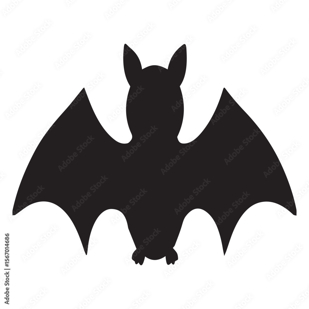 Obraz premium Simple black silhouette of a bat with spread wings on a white background