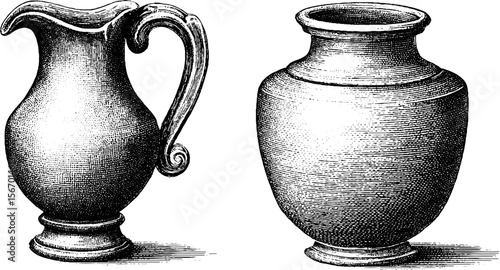 Vintage hand drawn sketch of opaque jugs with unique neck designs and glaze drip texture