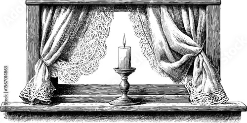 Vintage candle on window sill with lace curtains - retro home decor design