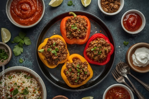 Colorful stuffed bell peppers filled with savory ground meat and rice topped with herbs