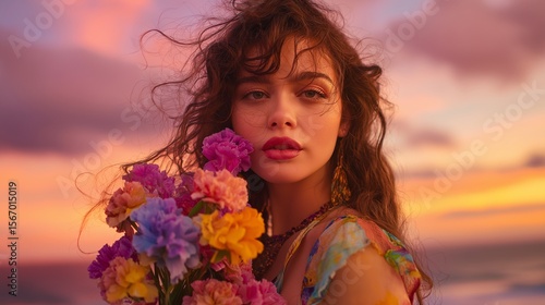 Colorful pictorial photos. Female model photos taken on a summer day. Summer photos with colorful flowers. Swimsuits. Dreamy, fantastic photos that feel like hot summer. AI generated.