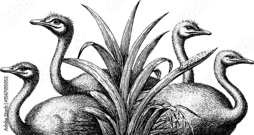 Vintage ostrich silhouette with feathers and grass in retro hand drawn style