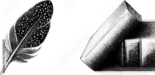 Vintage owl feather and book spine with ink blot dot for retro design