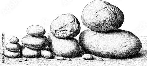 Dotwork sketch of pebbles with ripples and waterlines for tattoo design
