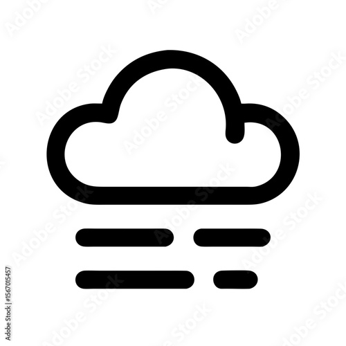 Black and white line icon of a cloud above horizontal lines, symbolizing fog, low visibility, and humid atmospheric conditions.
