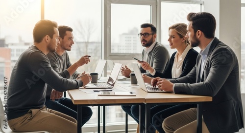 Wallpaper Mural Group of people at a table with laptops having a meeting in a bright office space near a window Torontodigital.ca