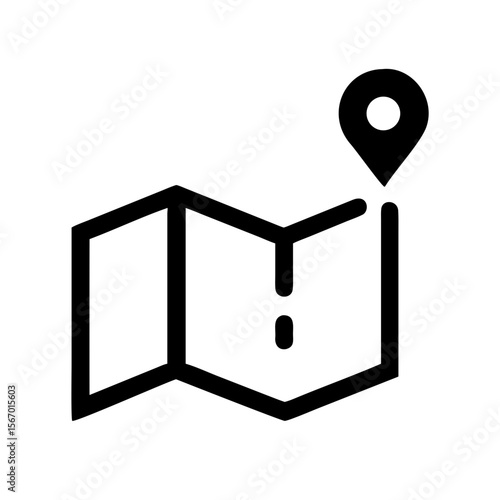 Black and white icon of a folded map with a location pin and route line, symbolizing navigation, travel planning, and directions.
