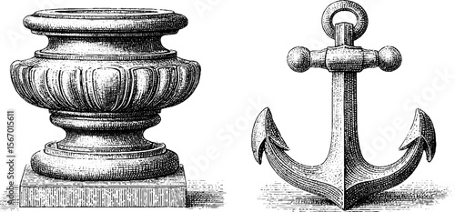 Vintage sketch of anchor and pedestal with pixel grid elements for retro design