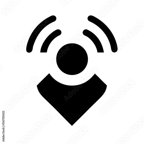 Black and white icon of a person or pin with signal waves, representing proximity, location awareness, or nearby connectivity.
