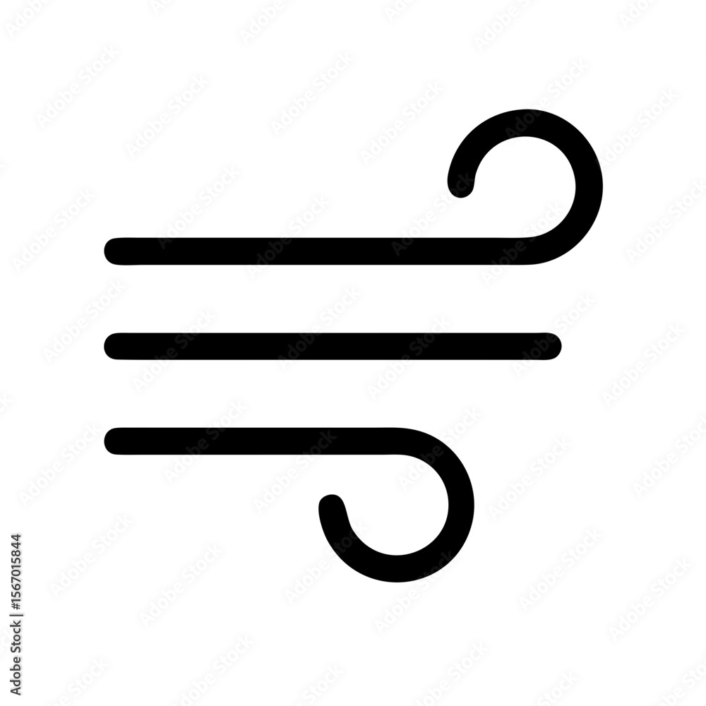Minimal black line icon showing three horizontal wind lines with curls, symbolizing air flow, breeze, or windy weather conditions.
Minimal black line icon showing three horizontal wind lines with curls, symbolizing air flow, breeze, or windy weather conditions.