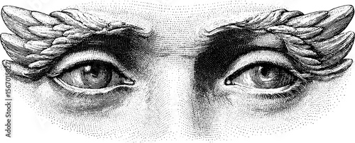 Vintage winged eye and vision beam sketch with portal arch elements