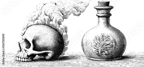 Vintage potion bottle and smoke with skull engraving - retro hand drawn illustration for design