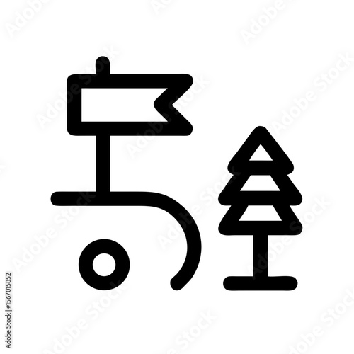 Minimal black line icon showing a flag, path, and tree, representing a hiking trailhead, outdoor adventure, or nature route.
