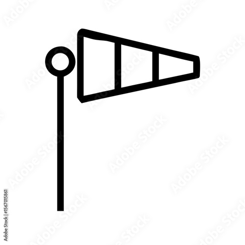 Minimal black line icon of a windsock on a pole, representing wind direction and speed in weather forecasts and aviation tools.

