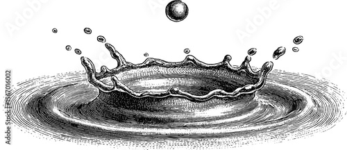 Vintage hand drawn raindrop splash and puddle ripple sketch for design