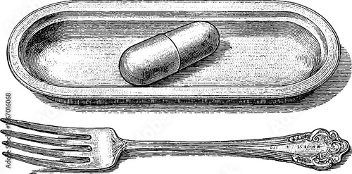 Vintage ration capsule and corroded fork engraving illustration