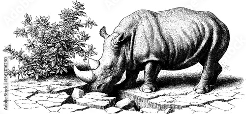 Rhino in cracked mud with broken shrub: vintage engraving illustration for nature design