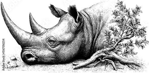 Rhino horn with cracked mud and broken shrub sketch - engraved wildlife design