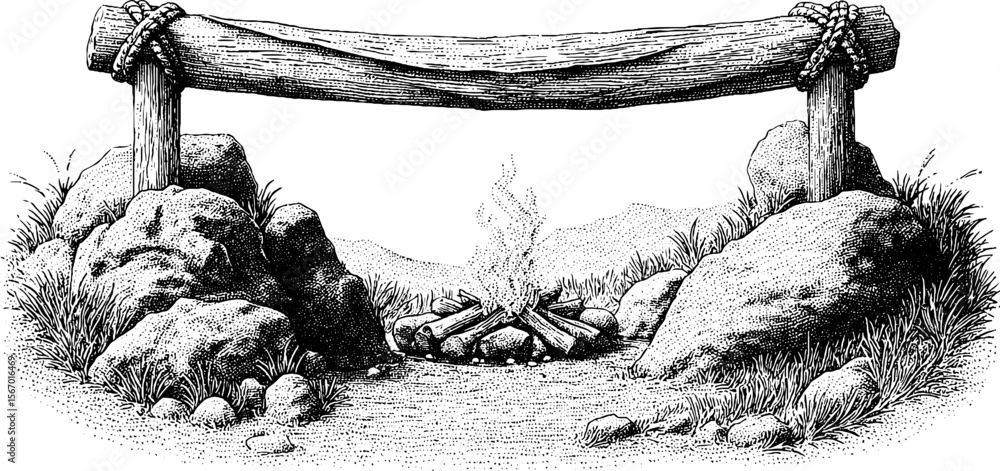 Fototapeta premium Rustic camping scene with rope hung banner, stone ring, and fire pit