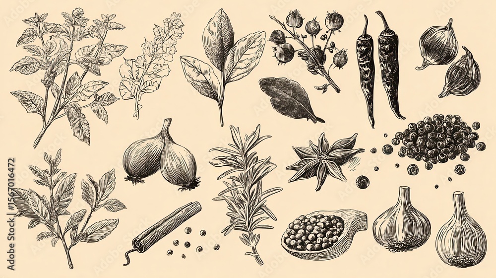 Fototapeta premium Doodle spices and herbs vector hand drawn set, no logos, no brands
