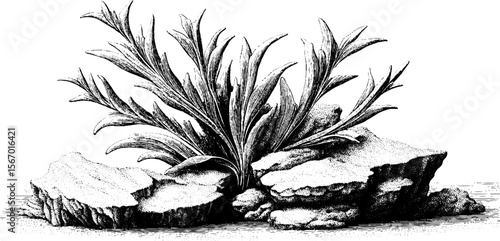 Vintage seaweed and rock engraving for retro coastal design